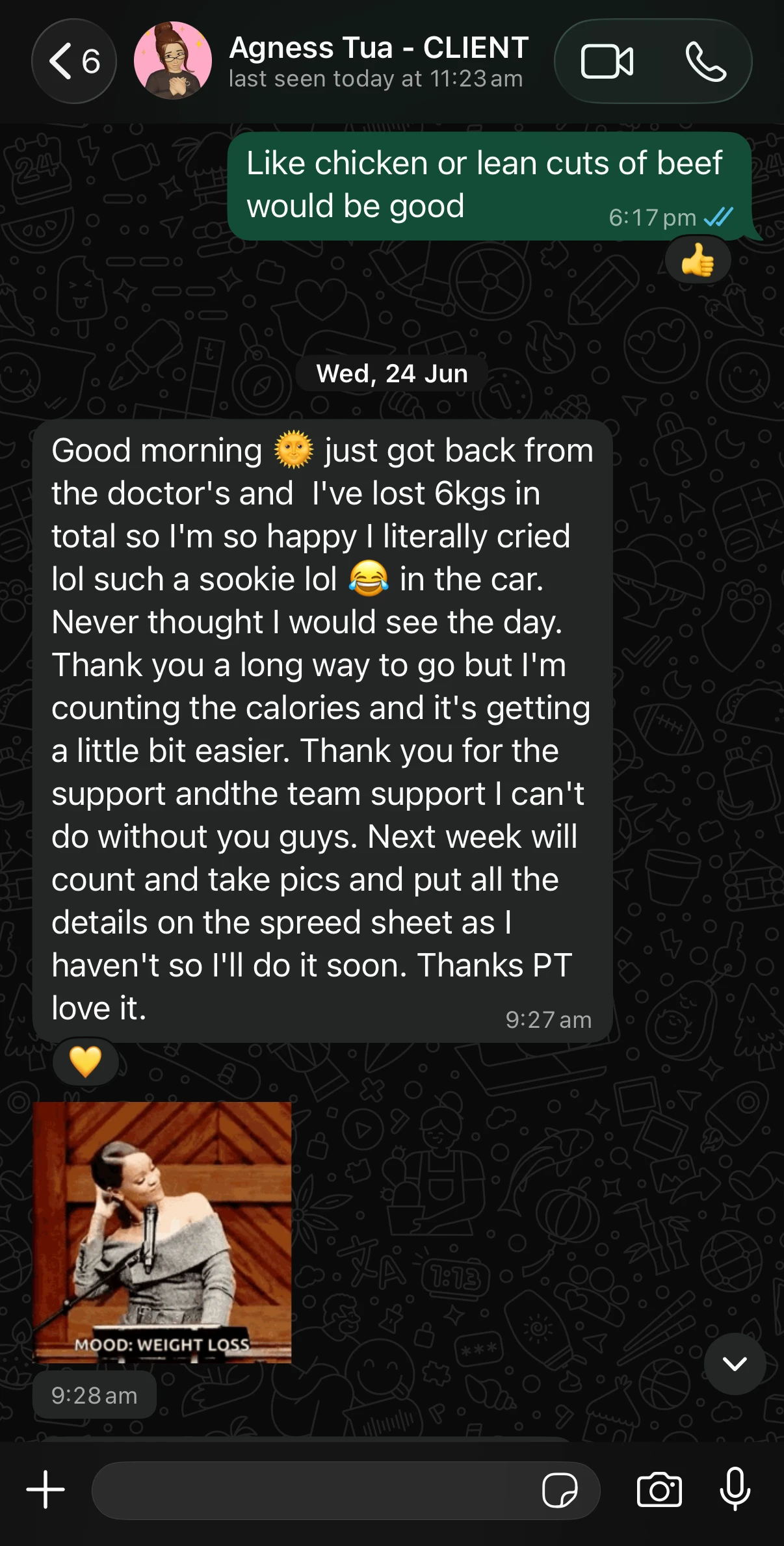 Agness's progress message to Richard